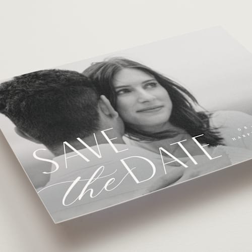 This is a snow save the date postcards with standard by Pixel and Hank called yours forever printing on signature in postcard