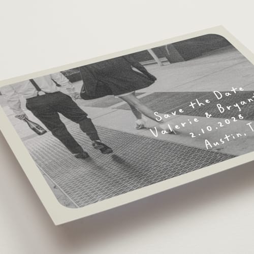 This is a toasted marshmallow save the date postcards with standard by Anna Elder called film printing on signature in postcard