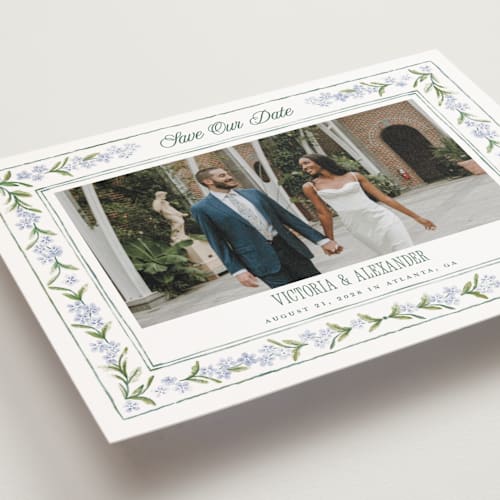 This is a wisteria save the date postcards with standard by Jenna Holcomb called vintage sketched printing on signature in postcard