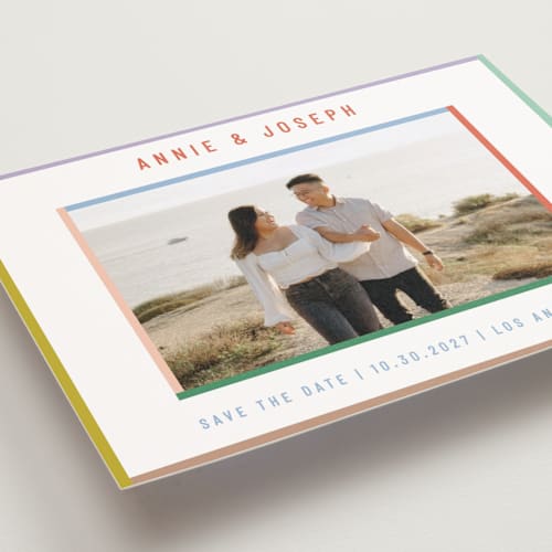 This is a candy save the date postcards with standard by Kelly Watkins called color frame printing on signature in postcard