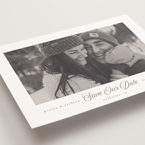 This is a snow save the date postcards with standard by Angela Garrick called sweet printing on signature in postcard