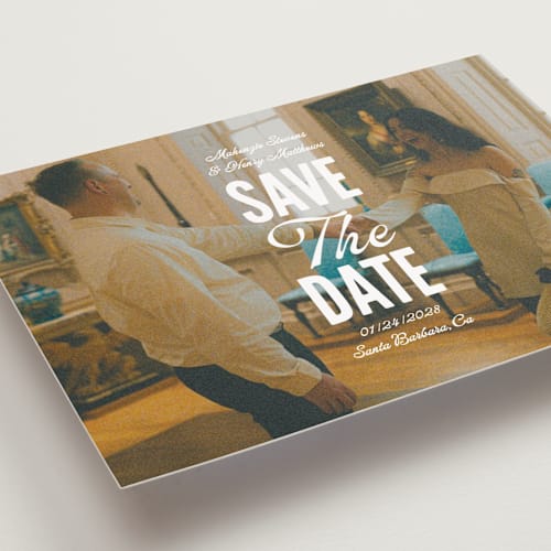 This is a lily save the date postcards with standard by Owl and Toad called full page printing on signature in postcard