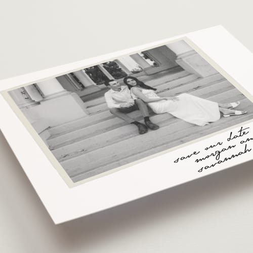 This is a ivory save the date postcards with standard by Maja Cunningham called venecia printing on signature in postcard