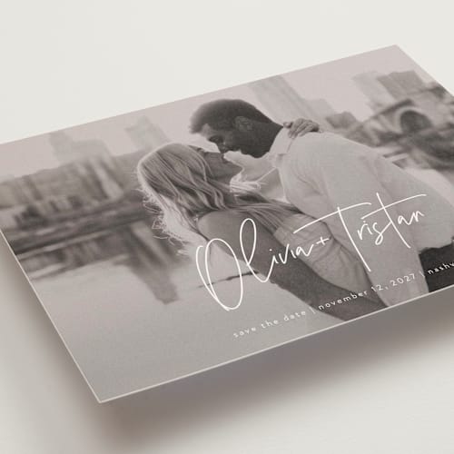 This is a pearl save the date postcards with standard by Jessica Williams called signature pair printing on signature in postcard