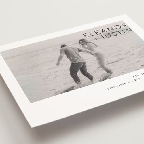 This is a blanc save the date postcards with standard by Erin Deegan called enbolden printing on signature in postcard
