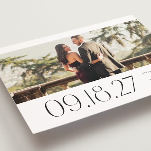This is a tux save the date postcards with standard by Lea Delaveris called heights printing on signature in postcard