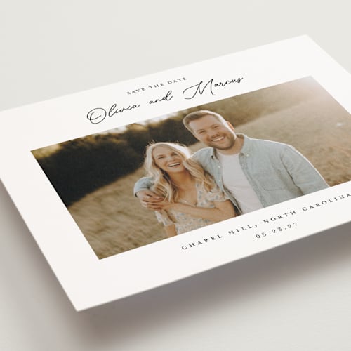 This is a cloud save the date postcards with standard by That Girl Press called sweet notings printing on signature in postcard