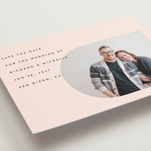 This is a blush save the date postcards with standard by Katie Zimpel called minimalist pop printing on signature in postcard