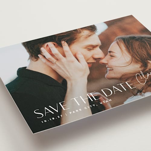This is a cloud save the date postcards with standard by Carolyn MacLaren called cover printing on signature in postcard