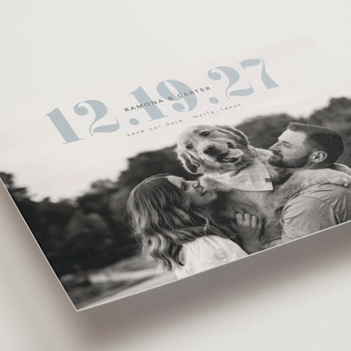 This is a capri save the date postcards with standard by Deynaaz Daraei called aster printing on signature in postcard