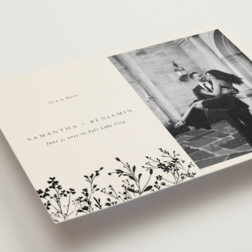This is a almond save the date postcards with standard by Stephanie Hawkes called botanical base printing on signature in postcard