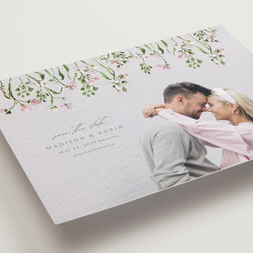 This is a petunia save the date postcards with standard by Claudia Orengo called growing together printing on signature in postcard