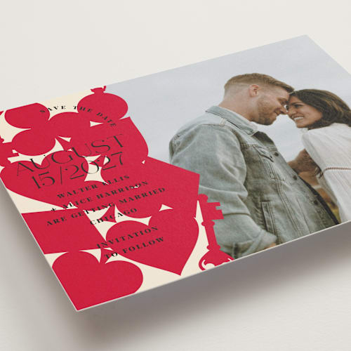 This is a ruby save the date postcards with standard by Baumbirdy called pair of hearts from disney's alice in wonderland printing on signature in postcard