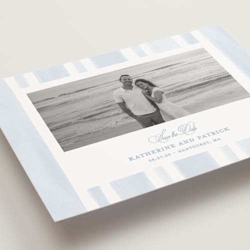 This is a ocean save the date postcards with standard by Creo Study called coastal crest printing on signature in postcard