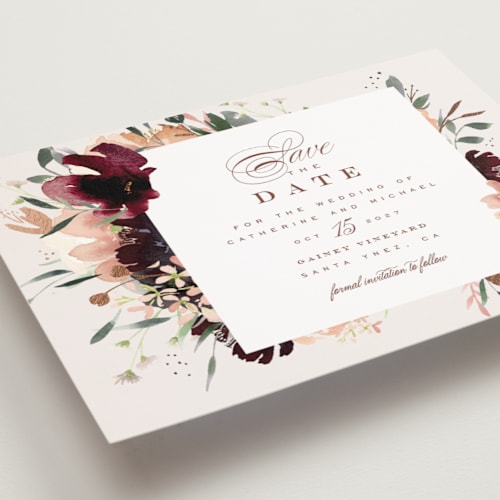 This is a eggshell save the date postcards with foil pressed by Leah Bisch called harvest printing on signature in postcard