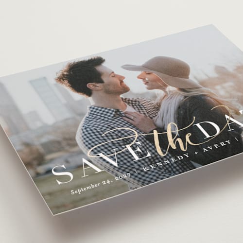 This is a sky save the date postcards with foil pressed by Jessica Williams called intrigue printing on signature in postcard