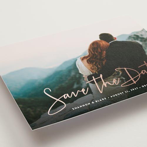 This is a winter save the date postcards with foil pressed by Hooray Creative called stylish script printing on signature in postcard