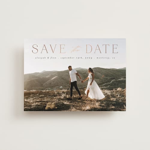 This is a charcoal petite save the dates with foil pressed by Morgan Kendall called classic lettering printing on recycled smooth signature in petite