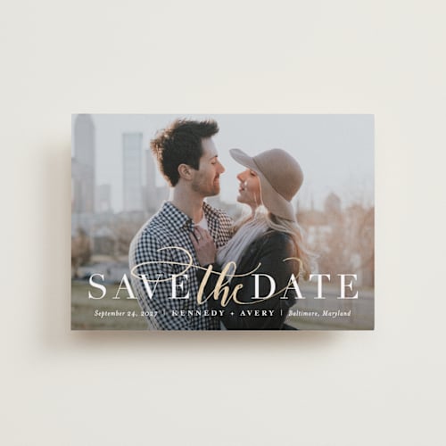 This is a sky petite save the dates with foil pressed by Jessica Williams called intrigue printing on recycled smooth signature in petite