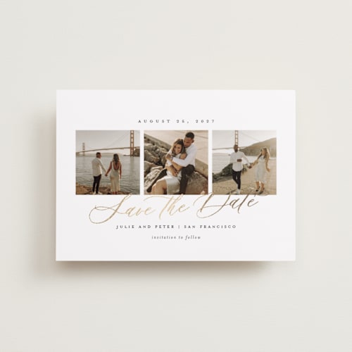 This is a pearl petite save the dates with foil pressed by Sarah Brown called topside printing on recycled smooth signature in petite