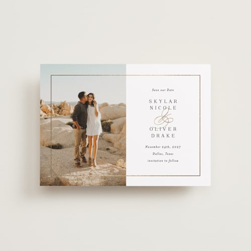 This is a sugar petite save the dates with foil pressed by Jessica Williams called bianca printing on recycled smooth signature in petite