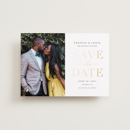 This is a gold giltz petite save the dates with foil pressed by Stacey Meacham called simply striking printing on recycled smooth signature in petite
