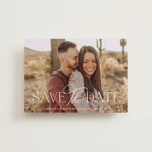 This is a sugar petite save the dates with foil pressed by Jessica Williams called enchanting printing on recycled smooth signature in petite