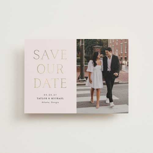 This is a natural petite save the dates with foil pressed by Vanessa Doyle called soon to wed printing on recycled smooth signature in petite