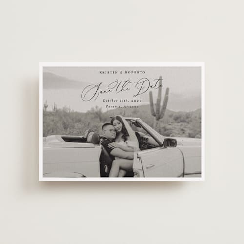 This is a nero petite save the dates with standard by Pati Cascino called toulon printing on recycled smooth signature in petite