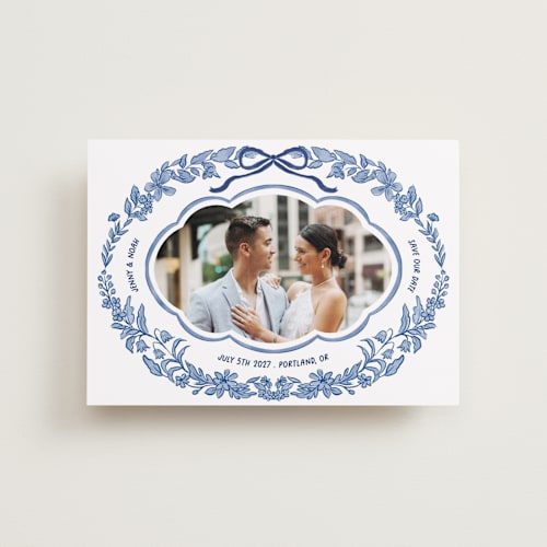 This is a porcelain petite save the dates with standard by Elly called charm printing on recycled smooth signature in petite