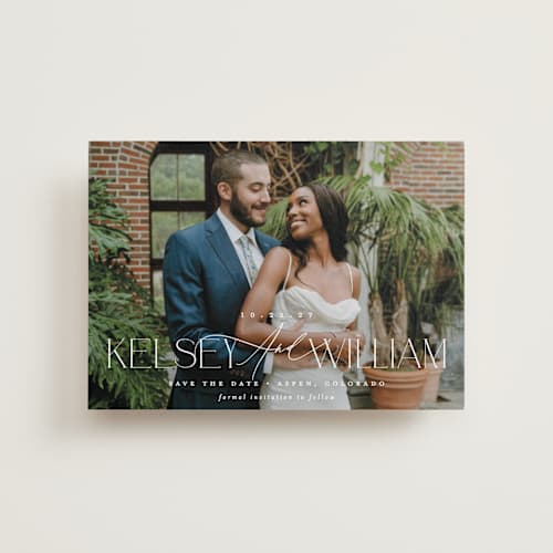 This is a pearl petite save the dates with standard by Brooke Chandler called l'amour printing on recycled smooth signature in petite