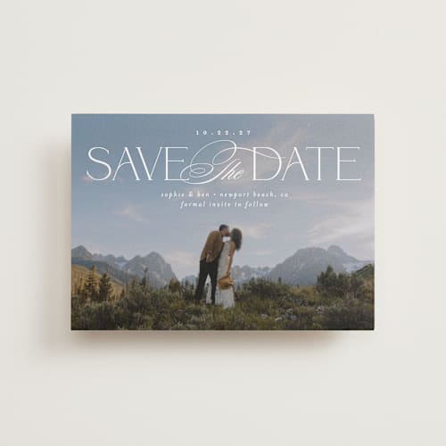 This is a pearl petite save the dates with standard by Brooke Chandler called novella printing on recycled smooth signature in petite