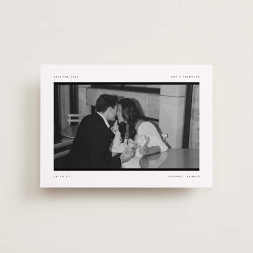 This is a onyx petite save the dates with standard by Pixel and Hank called photosnap printing on recycled smooth signature in petite