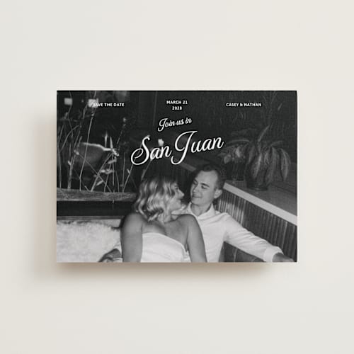 This is a snow petite save the dates with standard by Inkblot Design called vintage trip printing on recycled smooth signature in petite