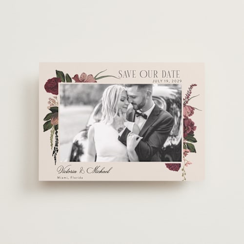 This is a merlota petite save the dates with standard by Susan Moyal called romantics printing on recycled smooth signature in petite