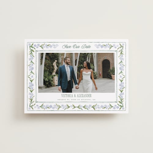 This is a wisteria petite save the dates with standard by Jenna Holcomb called vintage sketched printing on recycled smooth signature in petite