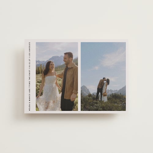This is a stone petite save the dates with standard by Becky Nimoy called diptych photos printing on recycled smooth signature in petite
