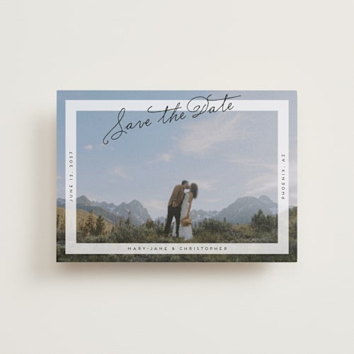This is a porcelain petite save the dates with standard by lulu and isabelle called postcard perfect printing on recycled smooth signature in petite