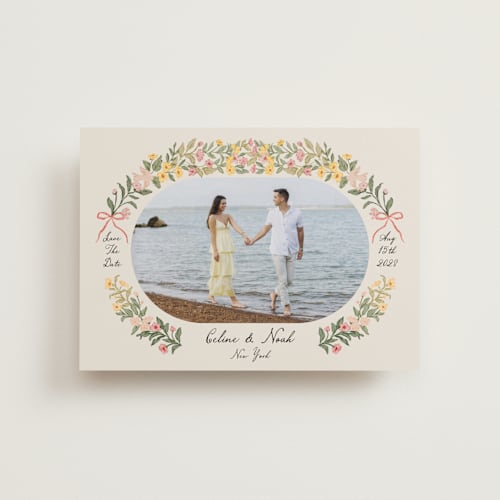This is a spring petite save the dates with standard by Elly called spring printing on recycled smooth signature in petite