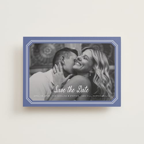 This is a blueberry petite save the dates with standard by Carolyn MacLaren called deluxe printing on recycled smooth signature in petite