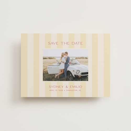 This is a lemon petite save the dates with standard by Ellen Schlegelmilch called palmetto printing on recycled smooth signature in petite