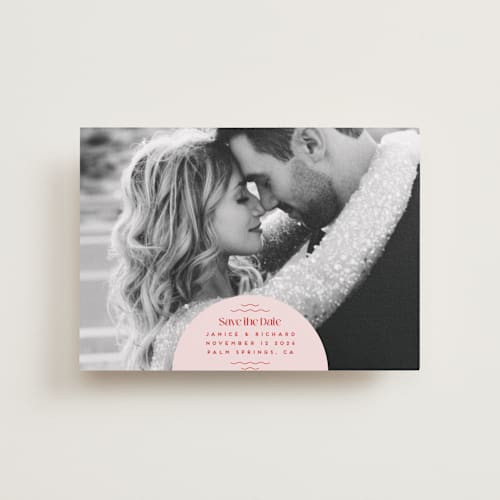 This is a strawberry petite save the dates with standard by Claudia Orengo called news! printing on recycled smooth signature in petite