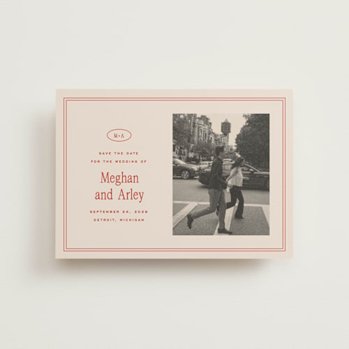 This is a cherry petite save the dates with standard by Ellen Schlegelmilch called cherry printing on recycled smooth signature in petite