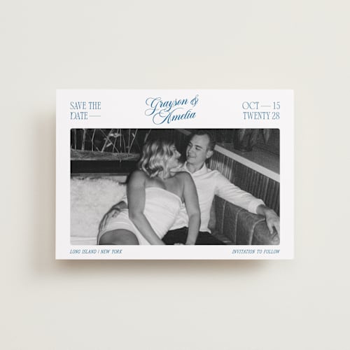 This is a lake petite save the dates with standard by Robert and Stella called opening credits printing on recycled smooth signature in petite
