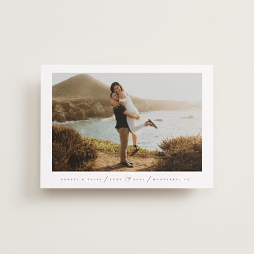 This is a blanc petite save the dates with standard by Faith Dorn called scripted date printing on recycled smooth signature in petite