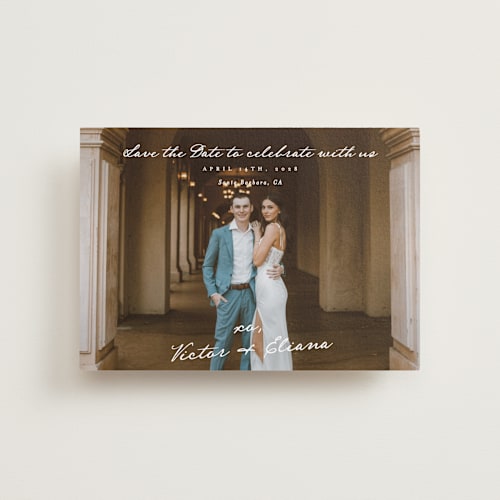 This is a ivory petite save the dates with standard by Alethea and Ruth called celebration xo printing on recycled smooth signature in petite