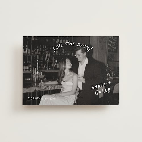 This is a ivory petite save the dates with standard by Stephanie Heinrich Godbout called lovers printing on recycled smooth signature in petite