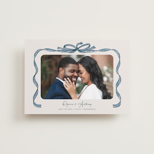 This is a blueberry petite save the dates with standard by Paper Sun Studio called tied together printing on recycled smooth signature in petite