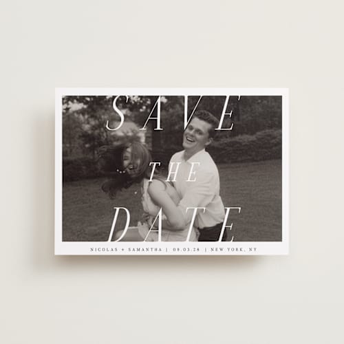 This is a ink petite save the dates with standard by Olivia Raufman called felicity printing on recycled smooth signature in petite