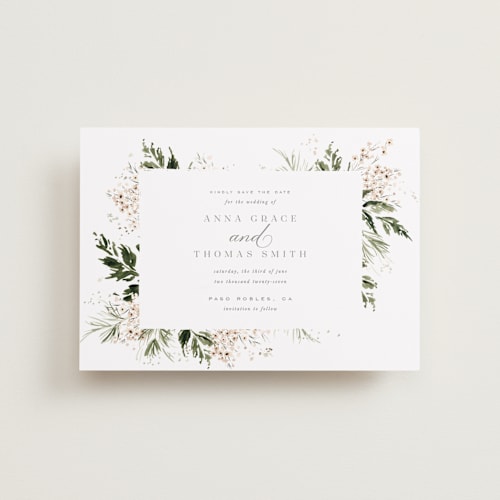 This is a porcelain petite save the dates with standard by Leah Bisch called grace printing on recycled smooth signature in petite